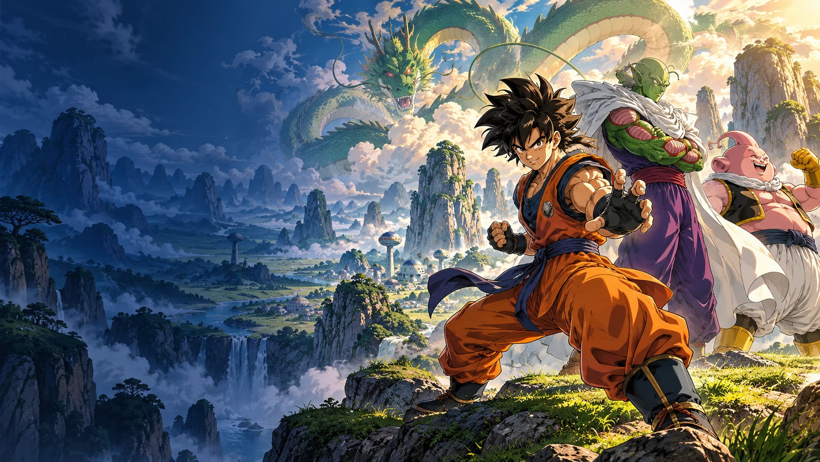 A human martial artist, a Namekian and a Majin with an emerald dragon above the world of DBO Origins