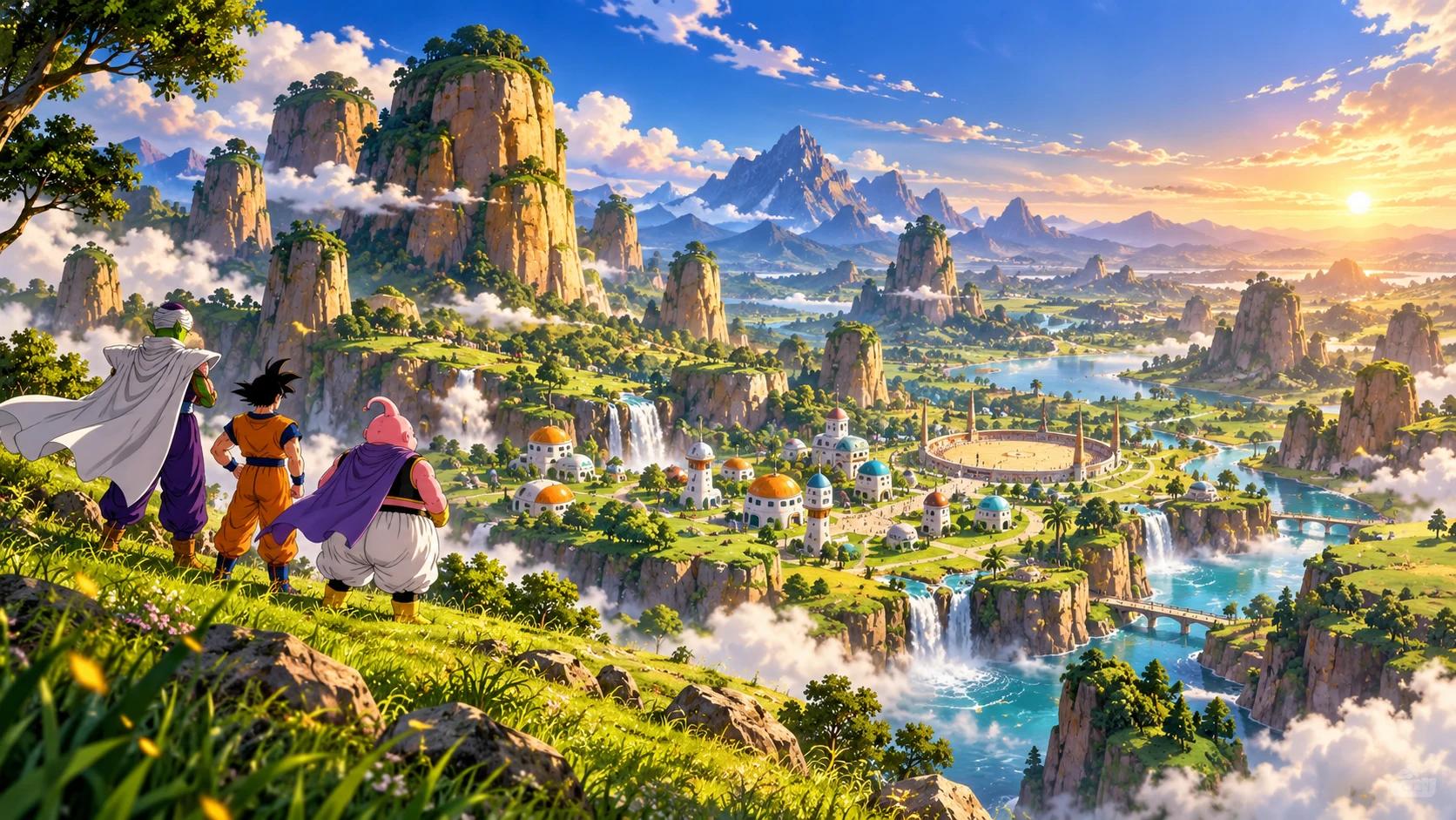 Three adventurers look across green valleys, waterfalls and a capsule village